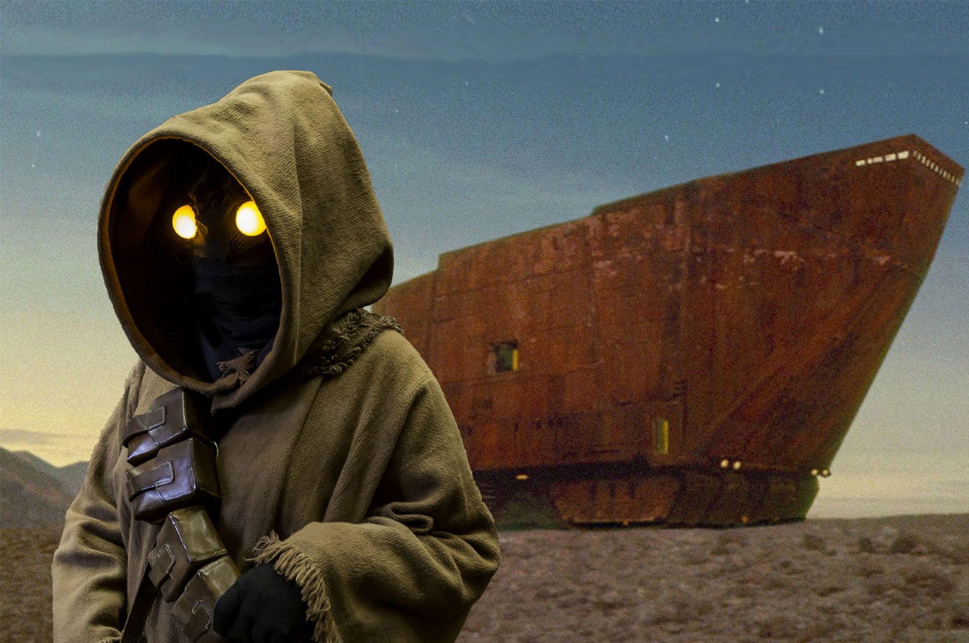 Jawa costume next to sandcrawler display